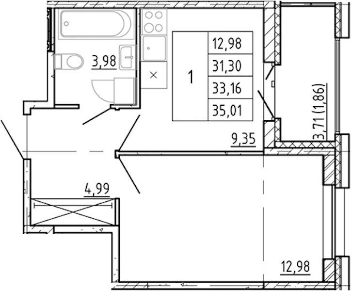 1-комнатная квартира 31.3 м², 9/12 эт., ЖК «Полис Новоселье»